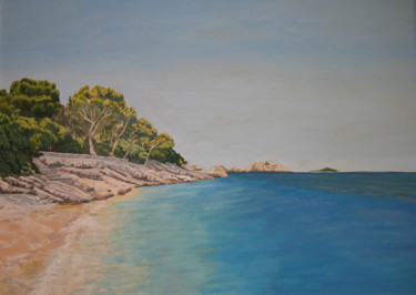 Painting titled "Beach in Dubrovnik,…" by Elizabeta Štambuk, Original Artwork, Oil Mounted on Wood Stretcher frame