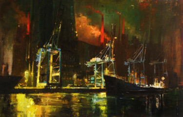 Painting titled "Nuit industrielle 1" by Gaspard Schlum, Original Artwork, Oil