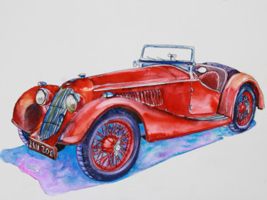 Картина под названием "Classic red car" - Agnes Mclaughlin, Подлинное произведение искусства, Акварель