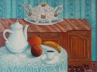 Peinture intitulée "Le petit déjeuner" par Charles Corbin, Œuvre d'art originale, Huile Monté sur Châssis en bois
