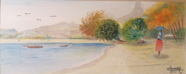 Peinture intitulée "Femme au parasol" par Charles Corbin, Œuvre d'art originale, Aquarelle