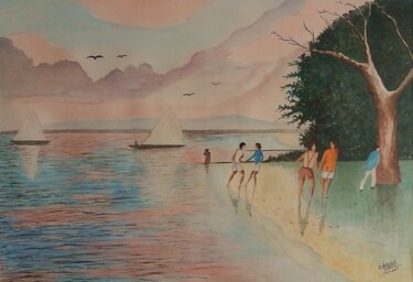 Peinture intitulée "Coucher de soleil" par Charles Corbin, Œuvre d'art originale, Aquarelle