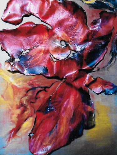 Peinture-sculpture :ORCHIDÉE rouge bleu
