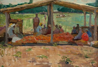 Peinture intitulée "Sorting tomatoes" par Vasiliy Strigin, Œuvre d'art originale, Huile