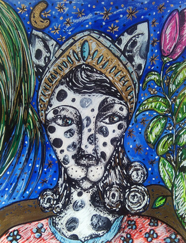 Dessin intitulée "Panthere femme" par Karine Garelli (Reds Robin), Œuvre d'art originale, Gouache