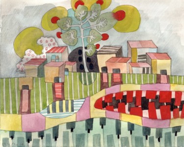 Peinture intitulée "Le Hameau.jpeg" par Delphine Mabed, Œuvre d'art originale, Aquarelle