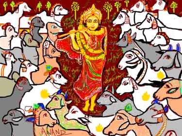 Digital Arts titled "KRISHNA AND COWS" by Anandswaroop Manchiraju, Original Artwork