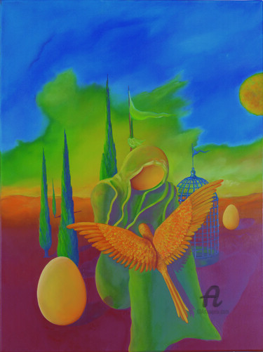 Malerei mit dem Titel "Die Braut des Ornit…" von Erich Kraft, Original-Kunstwerk, Öl