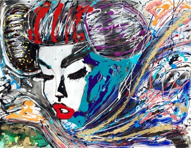 Painting titled "Himitsu" by Edwige Col, Original Artwork, Acrylic Mounted on Wood Stretcher frame