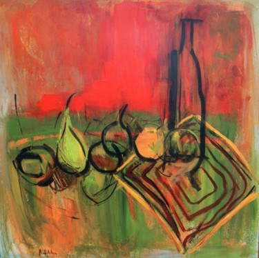 Painting titled "Bouteille et fruits" by Hervé Marchelidon, Original Artwork, Acrylic Mounted on Wood Panel