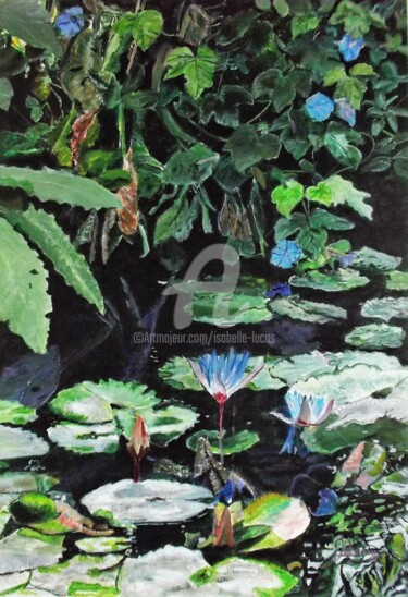 Peinture intitulée "Le nénuphar bleu" par Isabelle Lucas, Œuvre d'art originale, Huile