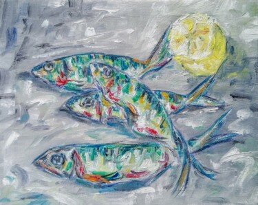 Peinture intitulée "Les Sardines...à l'…" par R Devarrewaere, Œuvre d'art originale, Huile Monté sur Châssis en bois