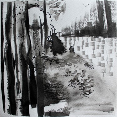 Peinture intitulée "Méditation au fil d…" par Clau Redier-Clément, Œuvre d'art originale, Encre