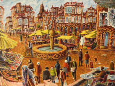 Painting titled "Market place. Merca…" by Carlos Pardo, Original Artwork, Oil Mounted on Wood Panel