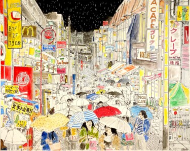 Σχέδιο με τίτλο "Rainy night on Hara…" από Orlando Marin Lopez, Αυθεντικά έργα τέχνης, Ακουαρέλα