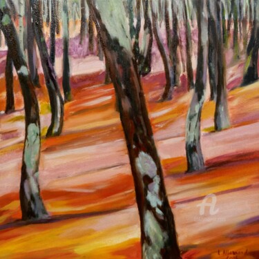 Painting titled "Dans la pinède aprè…" by Laurence Allemand, Original Artwork, Oil Mounted on Wood Stretcher frame