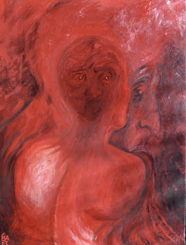 Peinture intitulée "Trois visages rouges" par Eva Mifsud, Œuvre d'art originale, Huile