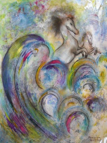 chevaux-dans-les-vagues.jpg Peinture intitulée "chevaux-dans-les-va…" par Dominique Bertrand, Œuvre d'art originale, Pastel