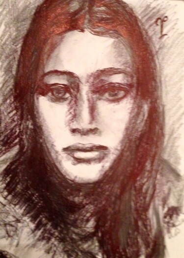 Dessin intitulée "Jeune fille" par Valérie Blum (Valery), Œuvre d'art originale, Stylo à bille Monté sur Panneau de bois