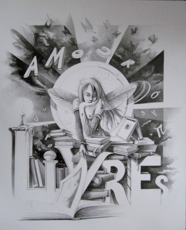 图画 标题为“Amour de Livres” 由Thierry Mordant, 原创艺术品, 铅笔
