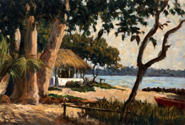 Painting titled "Rivage dans la bris…" by Jean-François Grébert, Original Artwork, Oil