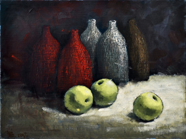 Картина под названием "Bottles and apples" - Rogin Viacheslav (Bashlyk), Подлинное произведение искусства, Масло