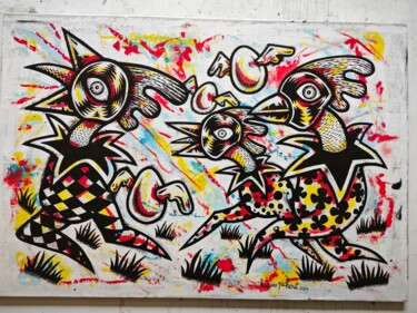 Painting titled "De l'oeuf à la poule" by Hugues Picherit, Original Artwork, Acrylic Mounted on Wood Panel