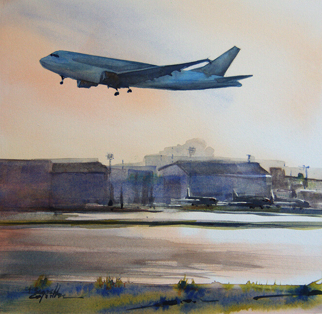 Aviation aquarelle Toulouse Isa Seruch Capouillez 绘画, 9.8x9.8 in
