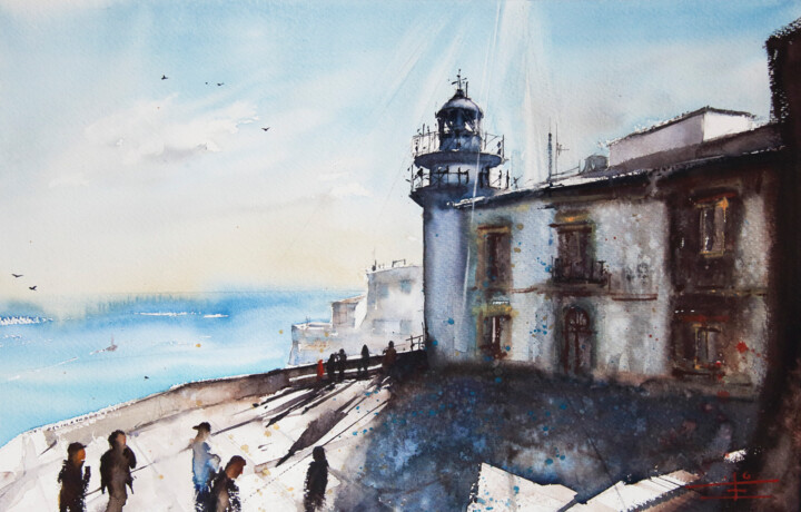 Pittura intitolato "Faro de Peñíscola,…" da Manu Toxxic, Opera d'arte originale, Acquarello
