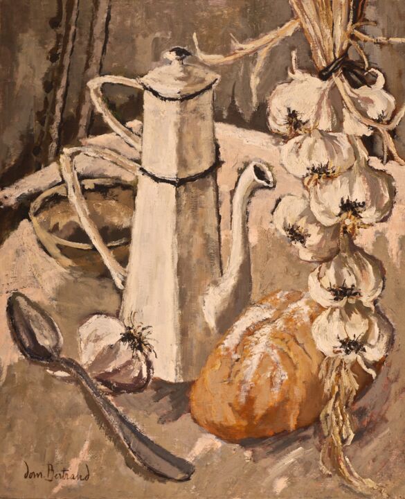 Peinture intitulée "Cafetière et ail.jpg" par Dominique Bertrand, Œuvre d'art originale, Huile