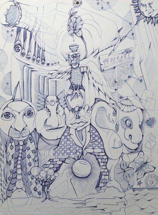 图画 标题为“Blue drawing” 由Sandro Brito (Sanarts), 原创艺术品, 圆珠笔