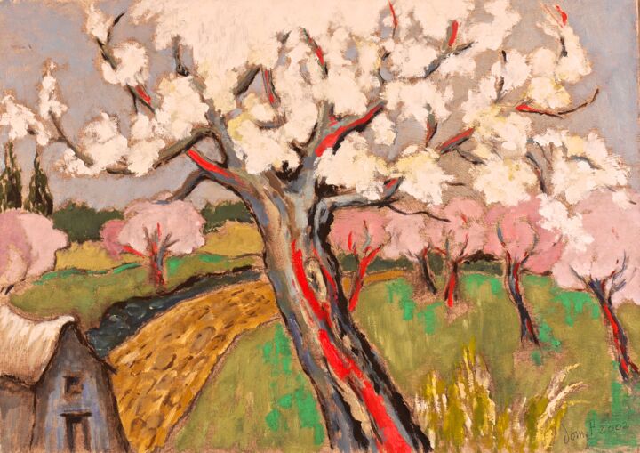 Schilderij getiteld "arbres en fleurs" door Dominique Bertrand, Origineel Kunstwerk, Olie