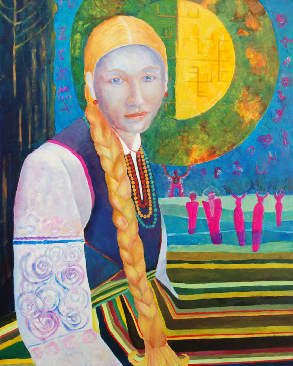 Polish Folk Girl Folklore Lowicz Art Polska 绘画, 35.4x27.6 in