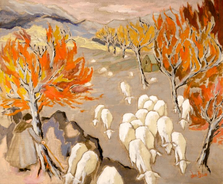 Peinture intitulée "Troupeau en automne" par Dominique Bertrand, Œuvre d'art originale, Huile