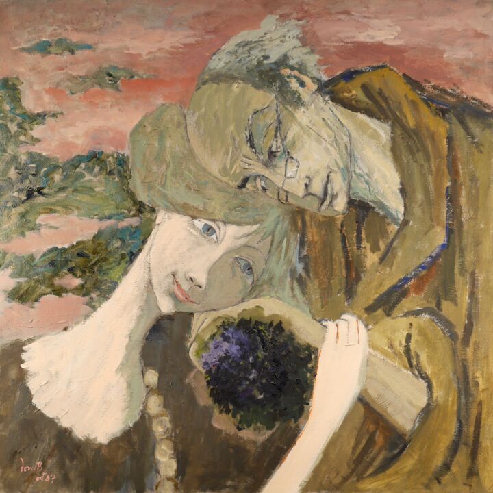 Peinture intitulée "Couple aux violettes" par Dominique Bertrand, Œuvre d'art originale, Huile
