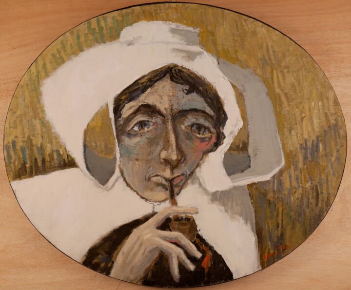 Peinture intitulée "Bretonne à la pipe…" par Dominique Bertrand, Œuvre d'art originale, Huile