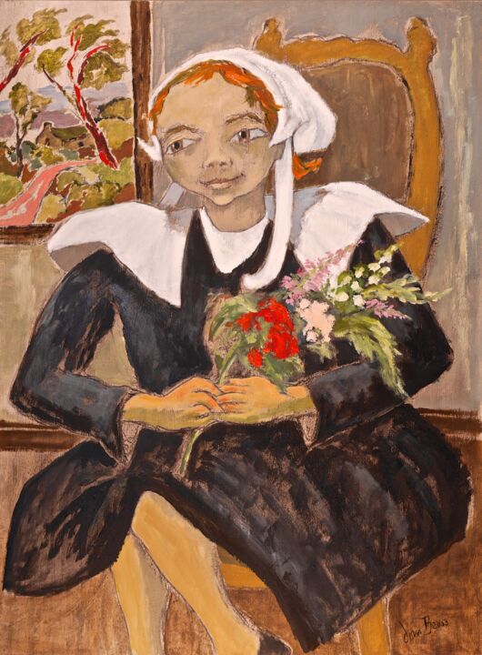 Peinture intitulée "Bretonne au bouquet" par Dominique Bertrand, Œuvre d'art originale, Huile