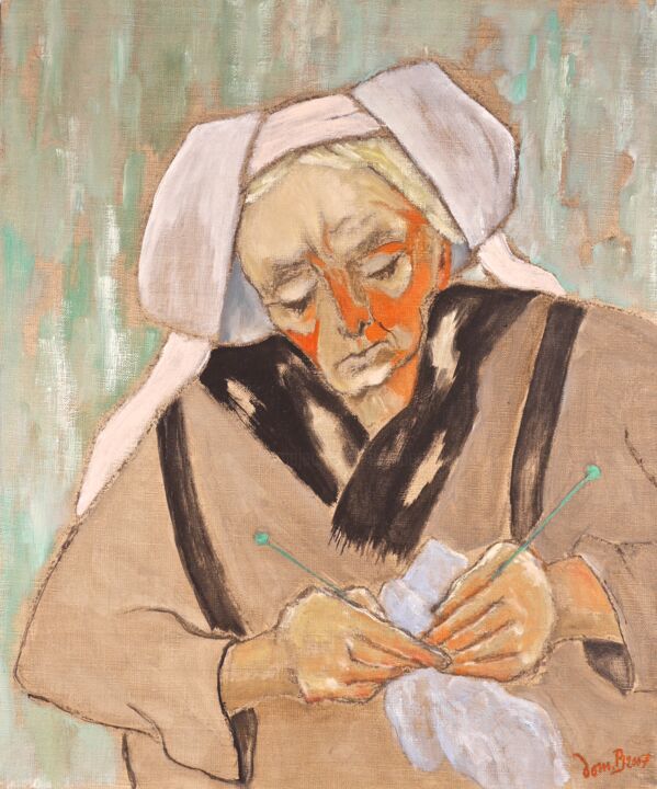 Peinture intitulée "Bretonne et tricot" par Dominique Bertrand, Œuvre d'art originale, Huile