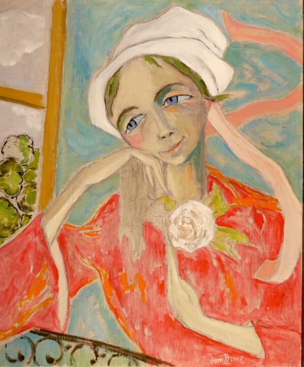 Peinture intitulée "Bretonne à la rose" par Dominique Bertrand, Œuvre d'art originale, Huile
