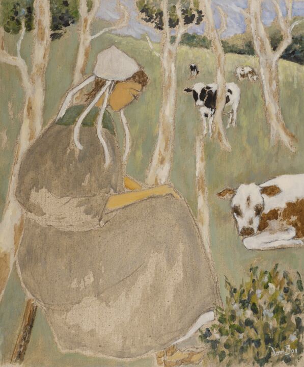 Peinture intitulée "Bretonne et la vache" par Dominique Bertrand, Œuvre d'art originale, Huile