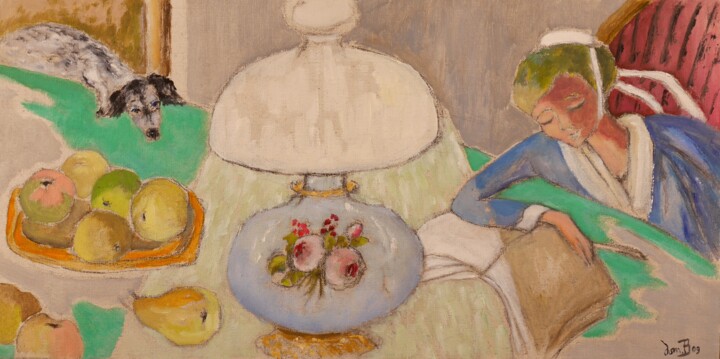 Peinture intitulée "Sous la lampe, lect…" par Dominique Bertrand, Œuvre d'art originale, Huile