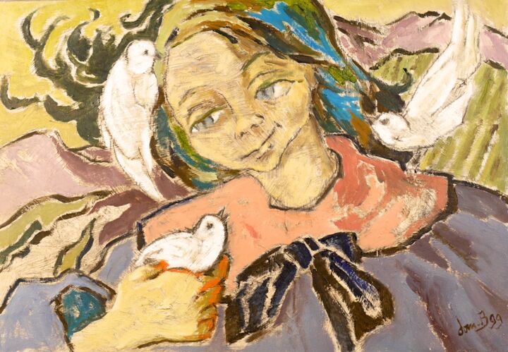 Peinture intitulée "L'enfant aux colomb…" par Dominique Bertrand, Œuvre d'art originale, Huile