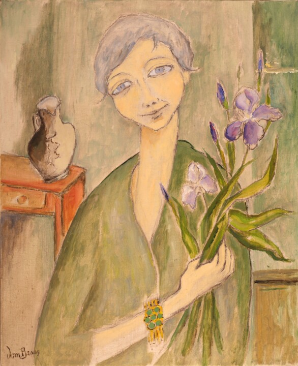 Peinture intitulée "La femme aux iris" par Dominique Bertrand, Œuvre d'art originale, Huile