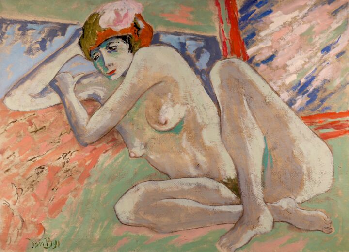 Schilderij getiteld "Nu vert" door Dominique Bertrand, Origineel Kunstwerk, Olie