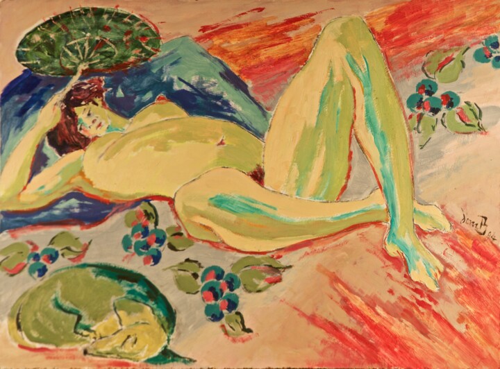 Peinture intitulée "Nu à l'éventail, av…" par Dominique Bertrand, Œuvre d'art originale, Huile