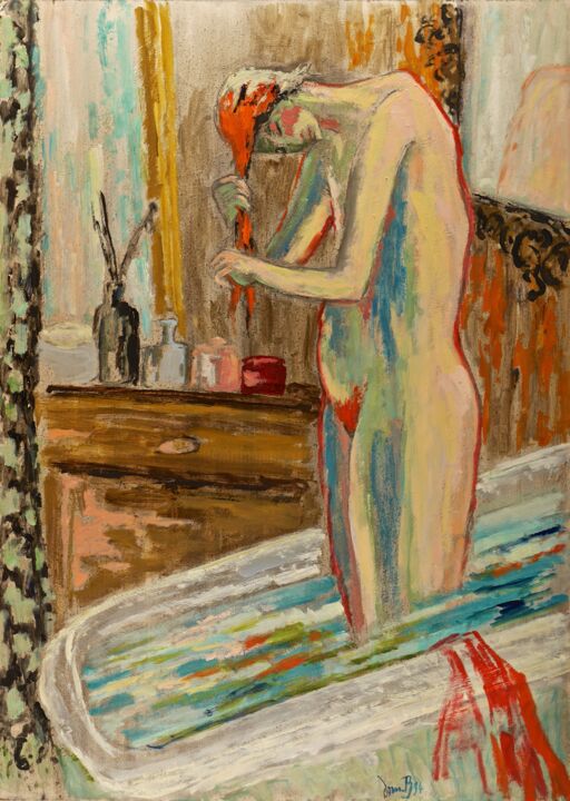 Peinture intitulée "Nu dans la baignoire" par Dominique Bertrand, Œuvre d'art originale, Huile