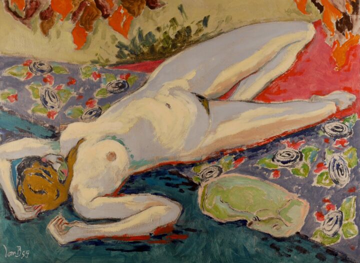 Peinture intitulée "Nu au chien vert (2)" par Dominique Bertrand, Œuvre d'art originale, Huile