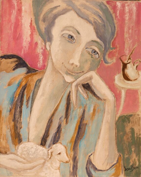 Peinture intitulée "Femme à l'agneau" par Dominique Bertrand, Œuvre d'art originale, Huile