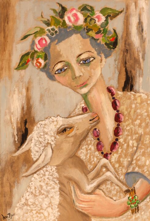 Peinture intitulée "Femme à l'agneau (2)" par Dominique Bertrand, Œuvre d'art originale, Huile