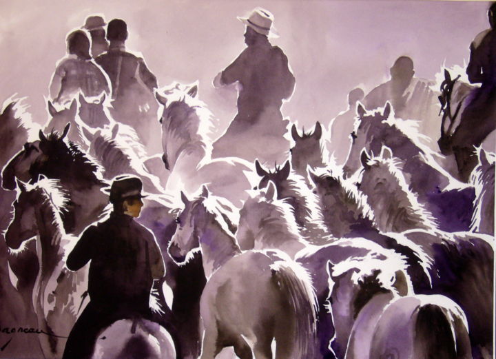 Painting titled "chevaux-camarguais.…" by Jean Guy Dagneau, Original Artwork, Watercolor